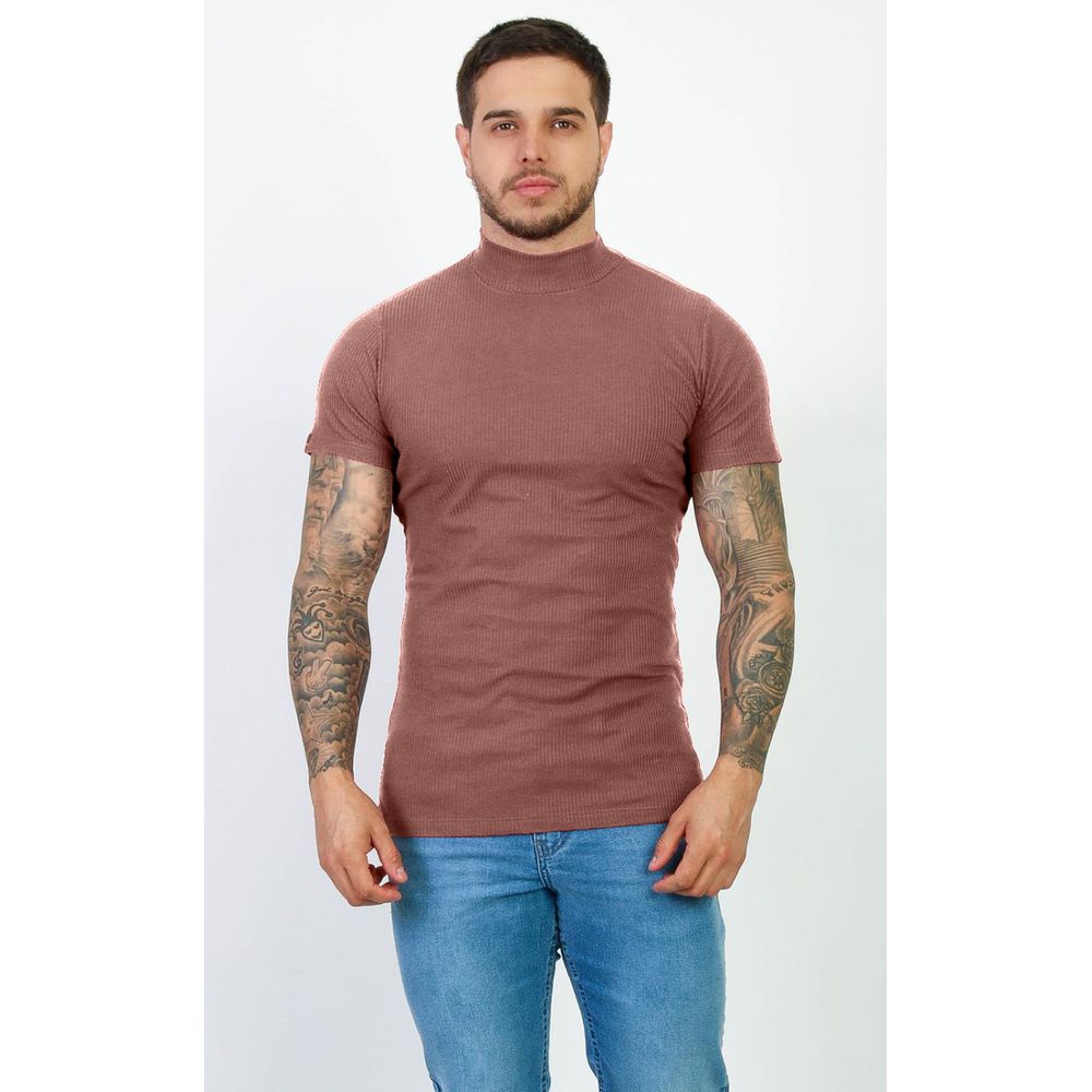 Camiseta Canelada Slim Gola Alta Masculina Gola Rolê Premium Nude