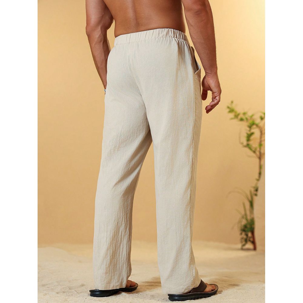 Calça Baggy Alfaiataria Linho Masculina Folgada Casual Bege