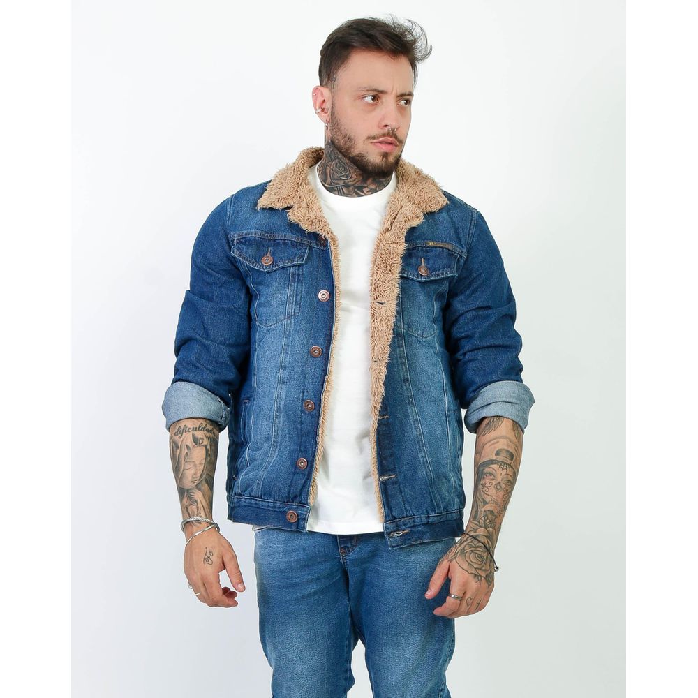Jaqueta Jeans Masculina Sherpa Pelinho Forrada Com Pelo Azul