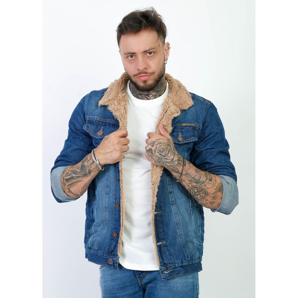 Jaqueta Jeans Masculina Sherpa Pelinho Forrada Com Pelo Azul