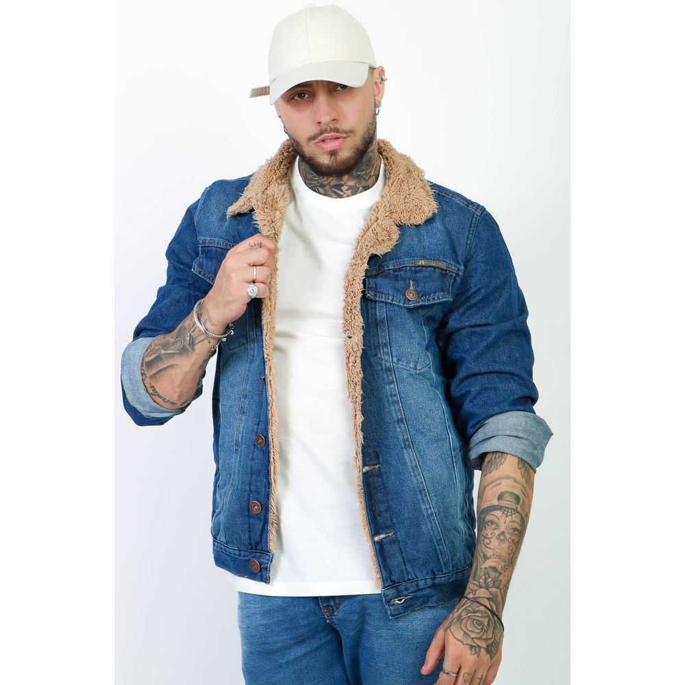 Jaqueta Jeans Masculina Sherpa Pelinho Forrada Com Pelo Azul
