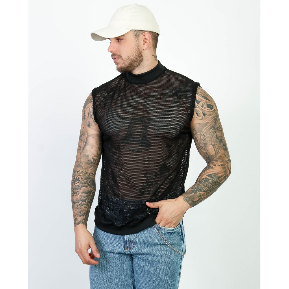 Camiseta Regata Gola Alta Malha Ramada Telinha Textura Slim Preto