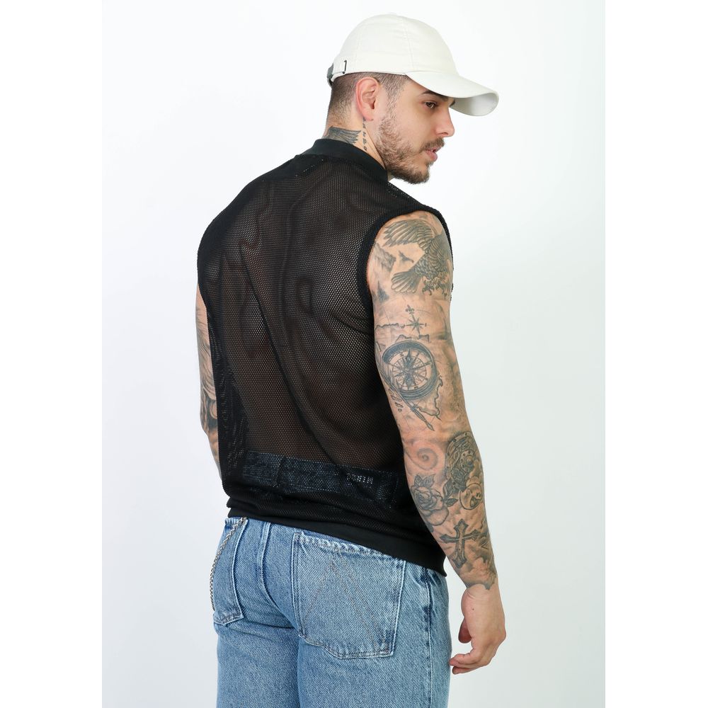 Camiseta Regata Gola Alta Malha Ramada Telinha Textura Slim Preto