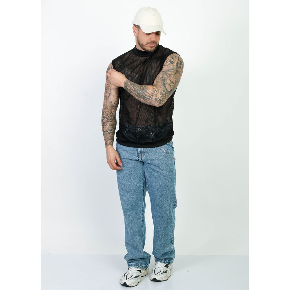 Camiseta Regata Gola Alta Malha Ramada Telinha Textura Slim Preto