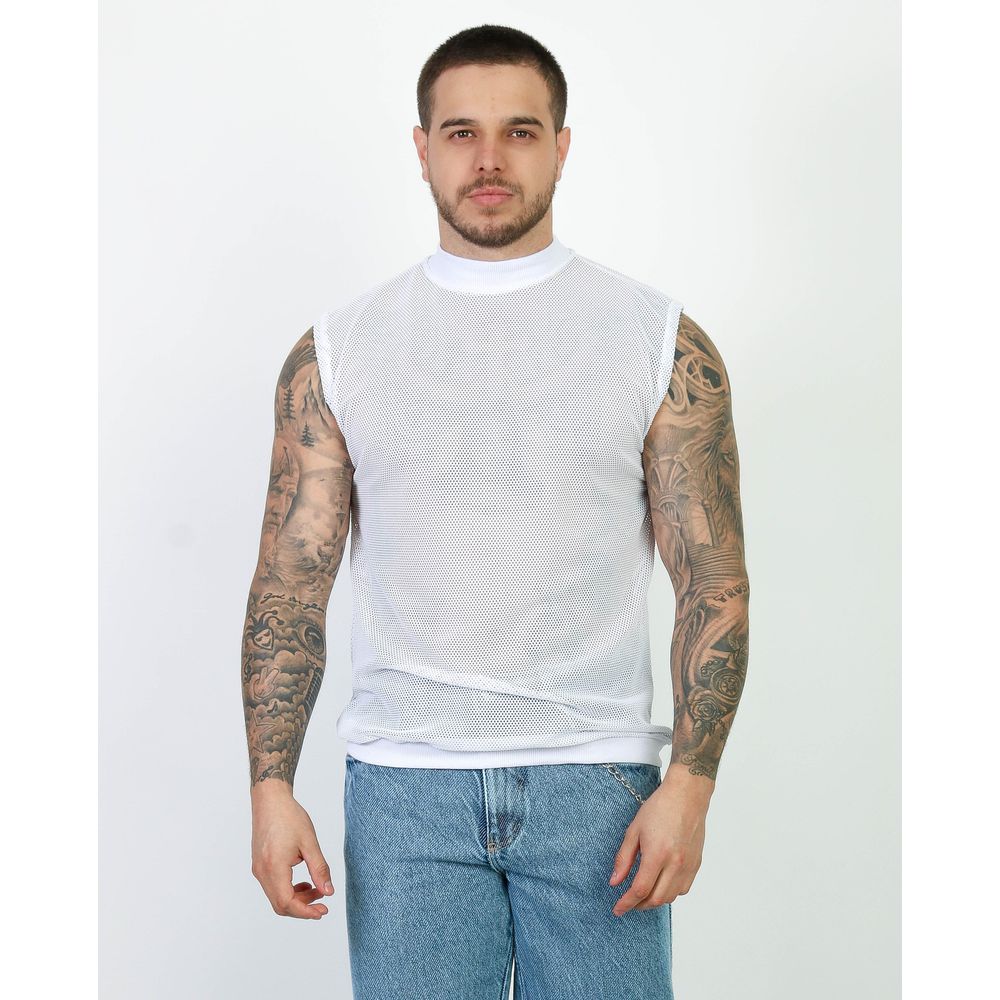Camiseta Regata Gola Alta Malha Ramada Telinha Textura Slim Preto