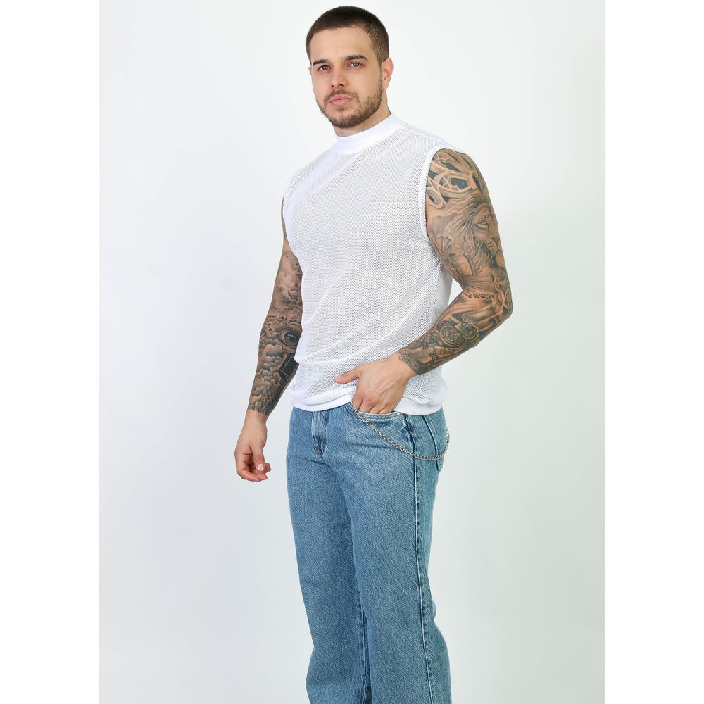 Camiseta Regata Gola Alta Malha Ramada Telinha Textura Slim Preto