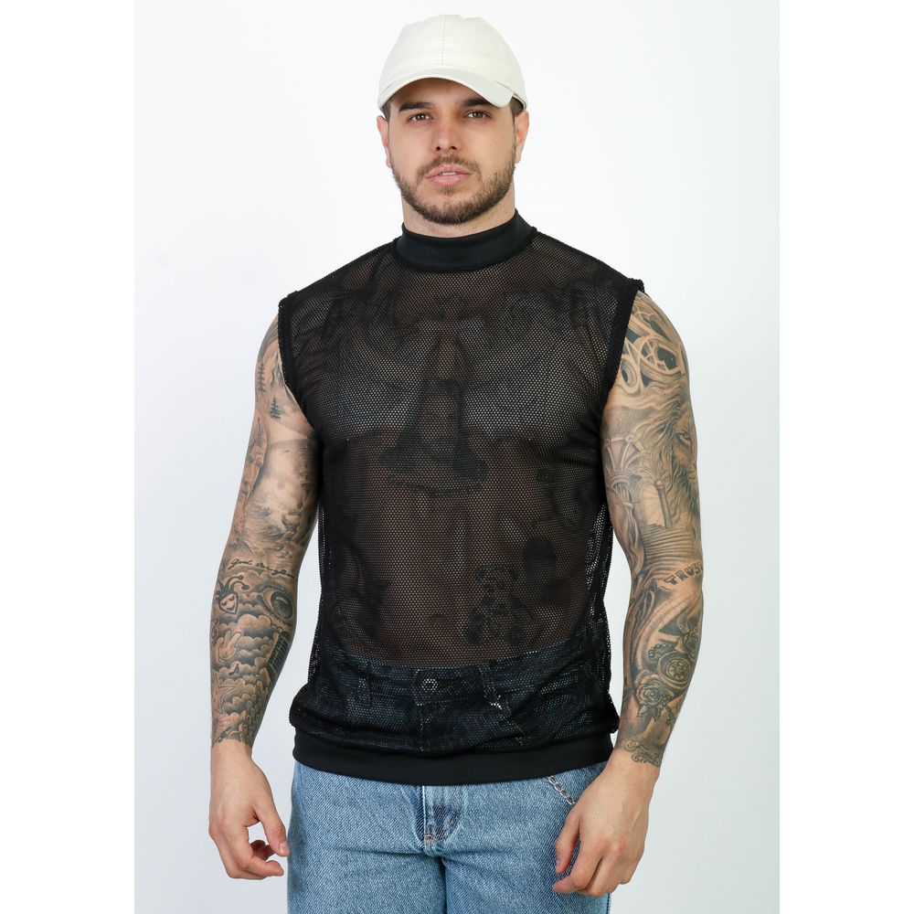 Camiseta Regata Gola Alta Malha Ramada Telinha Textura Slim Preto