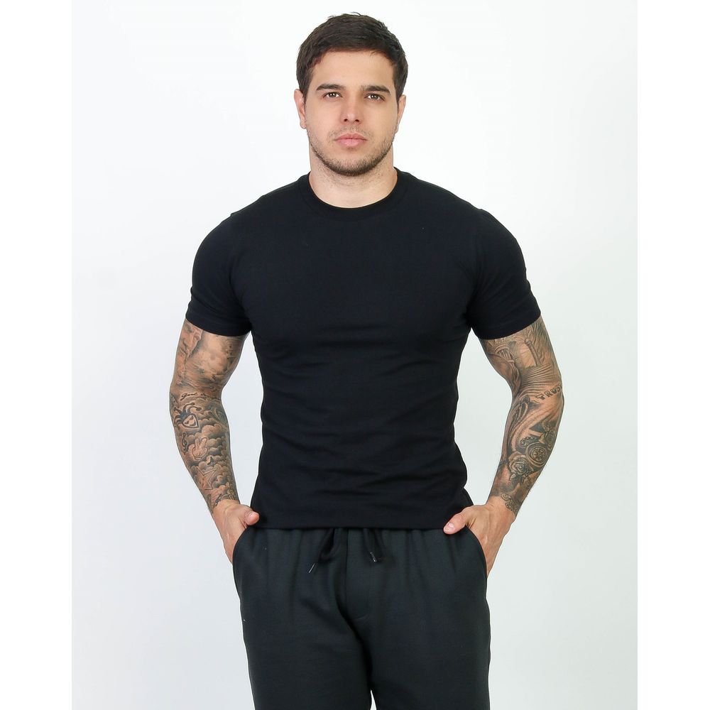 Camiseta Slim Masculina Com Elastano Malha Egipcia Premium Preto