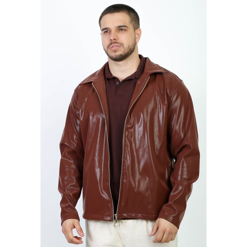 Jaqueta Marrom Couro Sintético Brilho Glow Ziper Premium Marrom