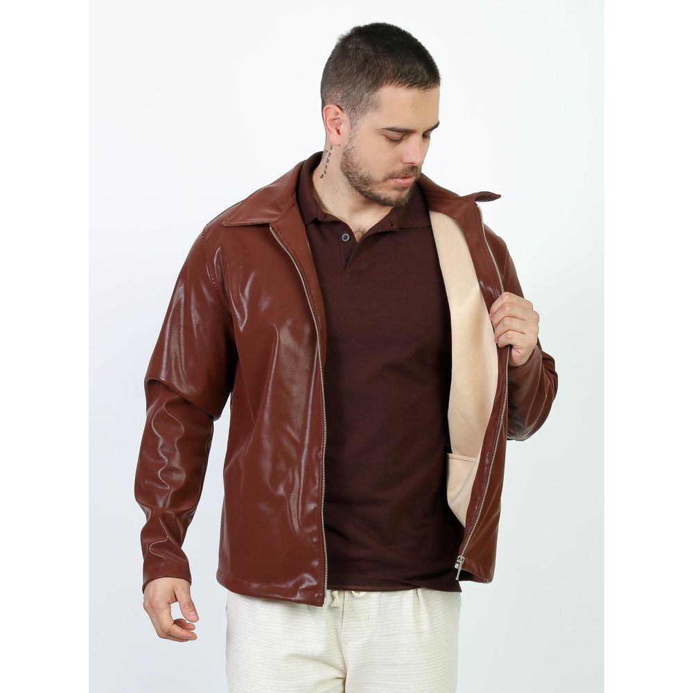 Jaqueta Marrom Couro Sintético Brilho Glow Ziper Premium Marrom