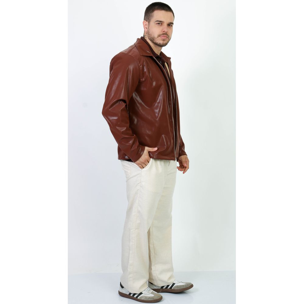 Jaqueta Marrom Couro Sintético Brilho Glow Ziper Premium Marrom