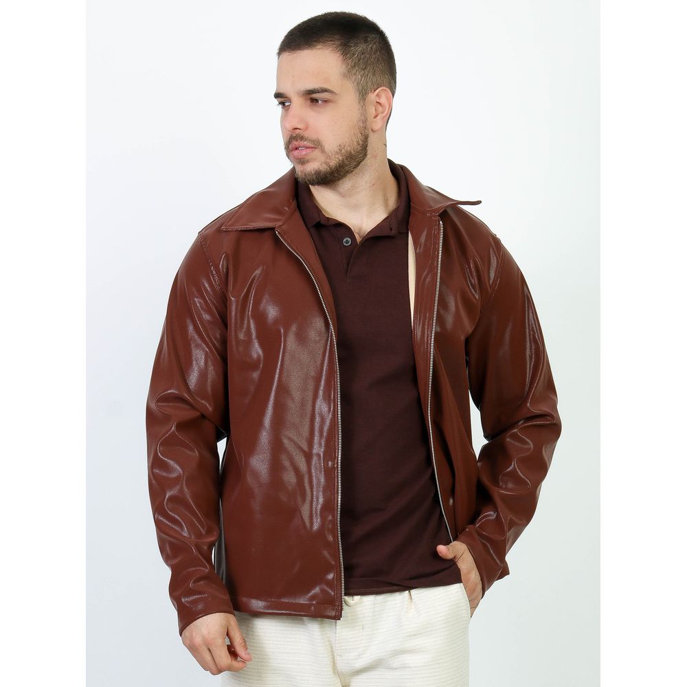 Jaqueta Marrom Couro Sintético Brilho Glow Ziper Premium Marrom