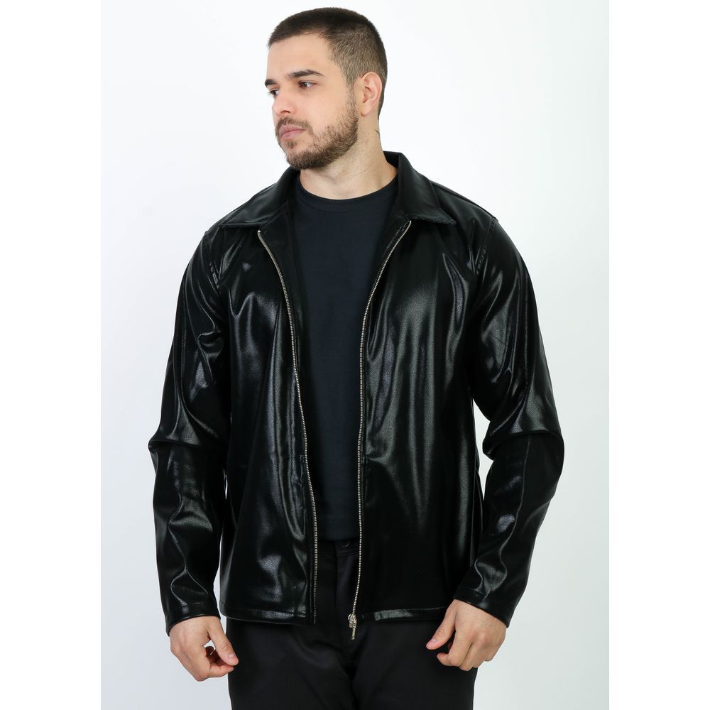 Jaqueta Couro Sintético Brilho Glow Preta Ziper Premium Preto