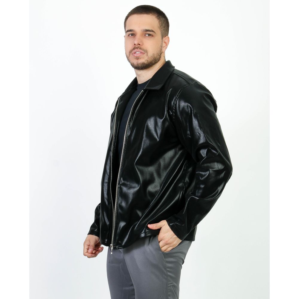 Jaqueta Couro Sintético Brilho Glow Preta Ziper Premium Preto