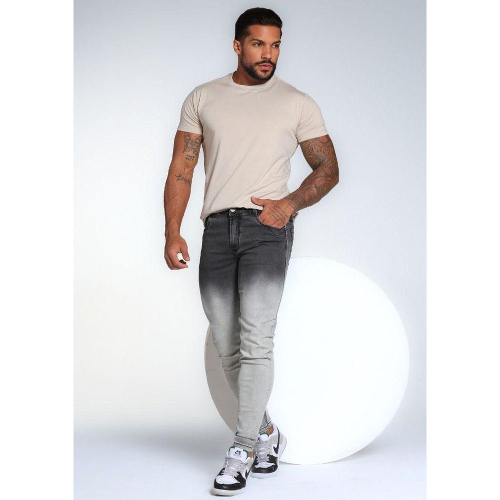 Calça Jeans Cinza Marmorizada Degrade Skinny Recortes Premium