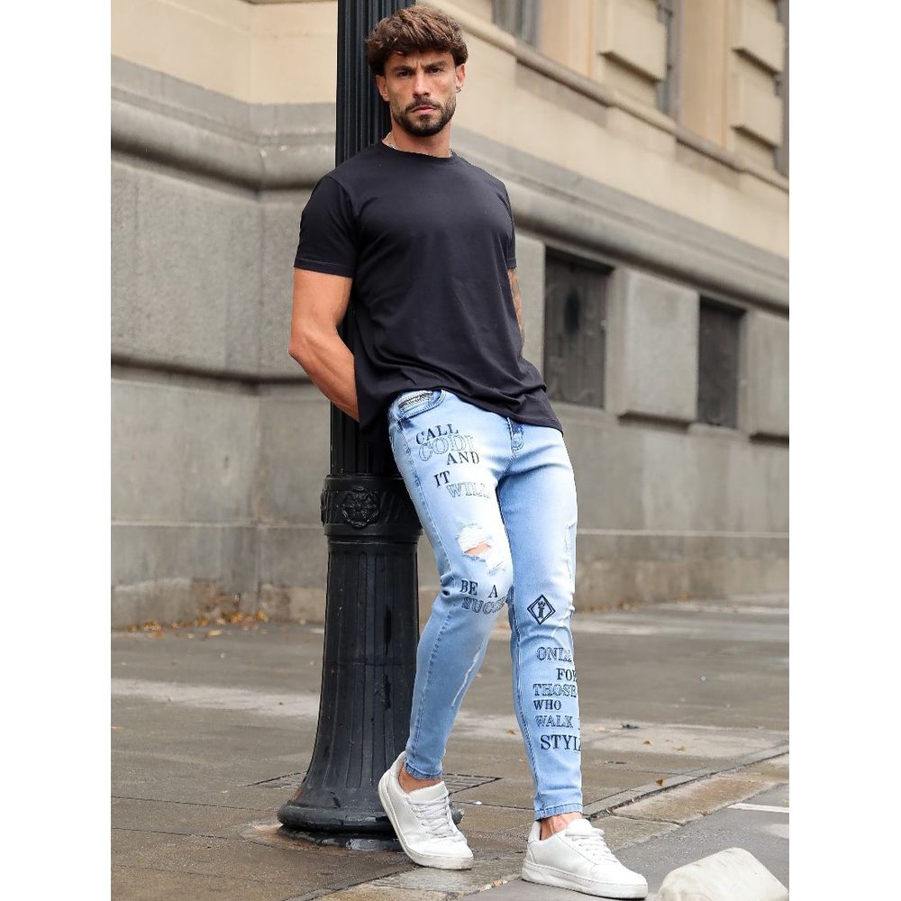 Calça Jeans Skinny Destroyed Rasgada Bordado Detalhe Premium Azul