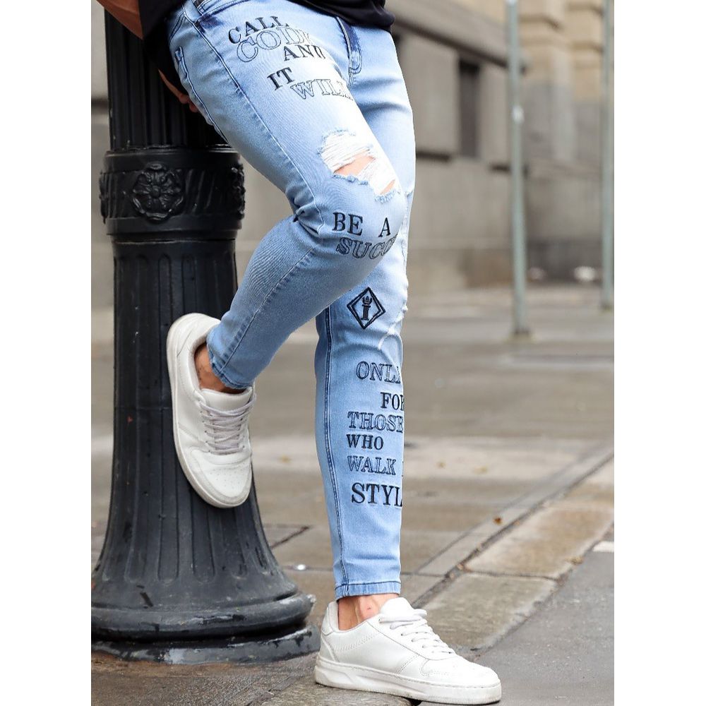 Calça Jeans Skinny Destroyed Rasgada Bordado Detalhe Premium Azul