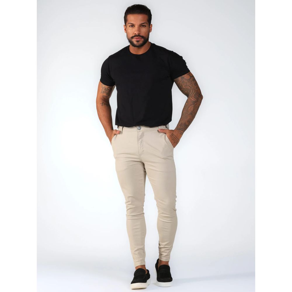 Calça Alfaiataria Masculina Skinny Com Ajuste Regulagem Cós Bege