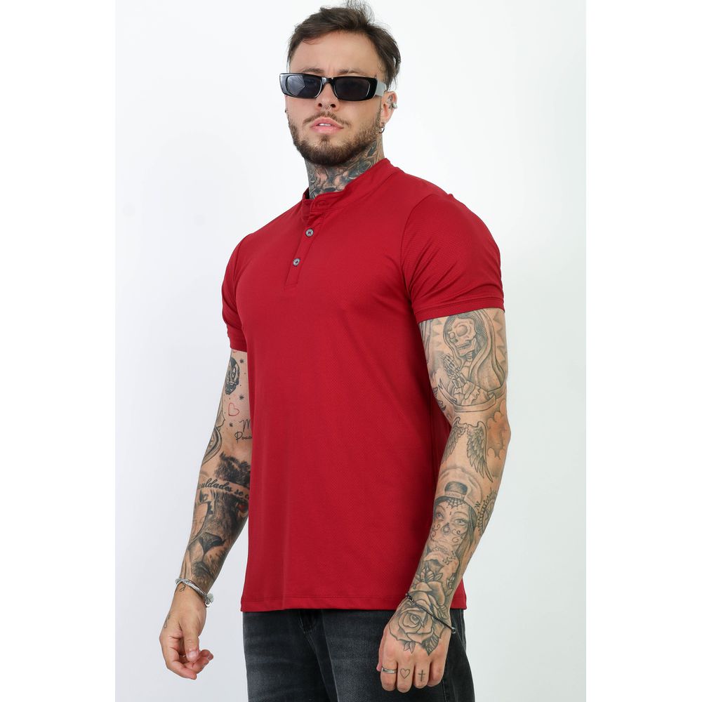 Camiseta Henley Gola Padre Vermelha Suedine Slim Fit Premium Vermelho