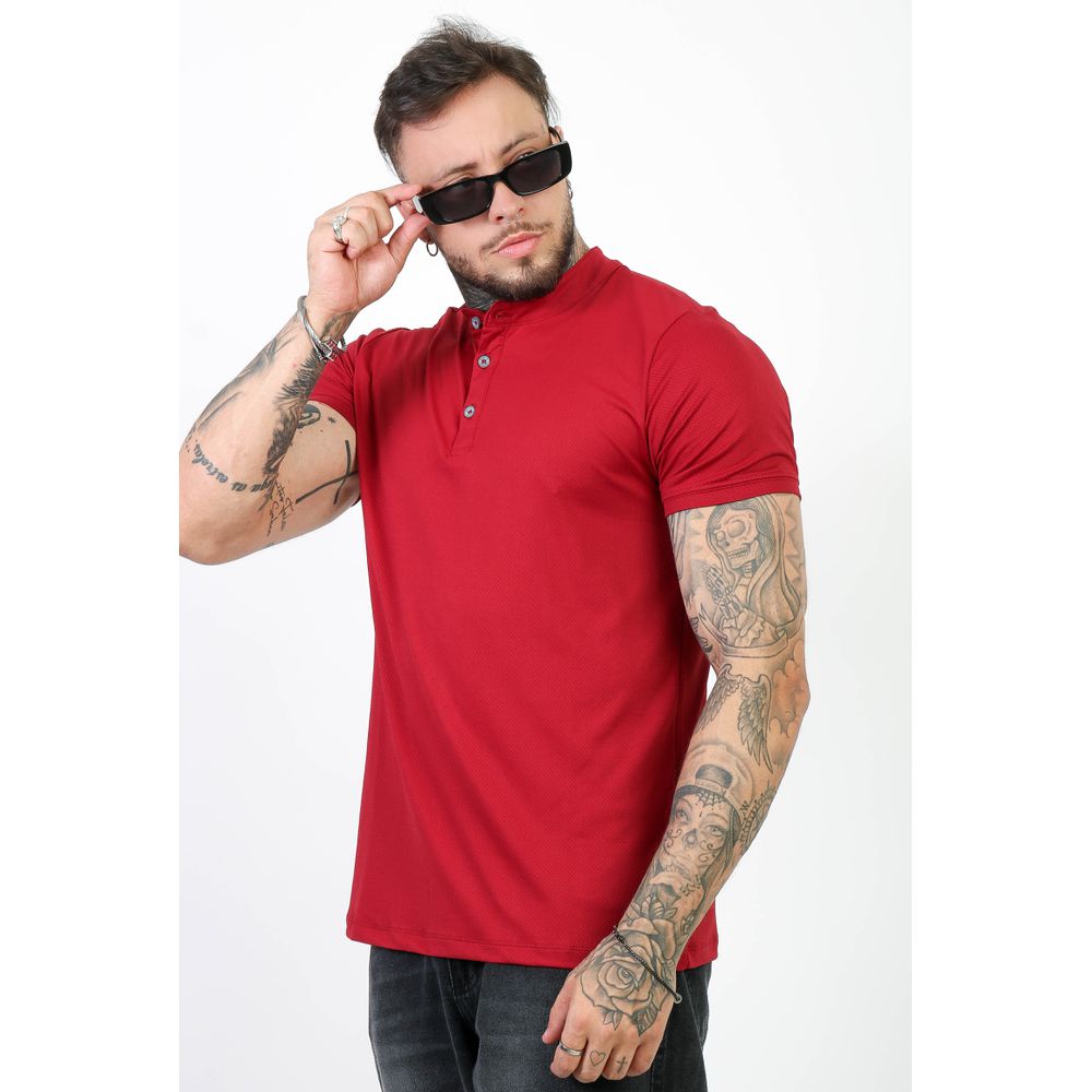 Camiseta Henley Gola Padre Vermelha Suedine Slim Fit Premium Vermelho