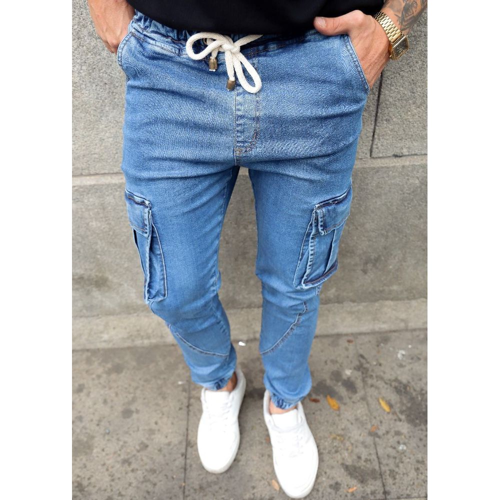 Calça Jeans Jogger Bolso Cargo Skinny Masculina Codi Jeans Azul