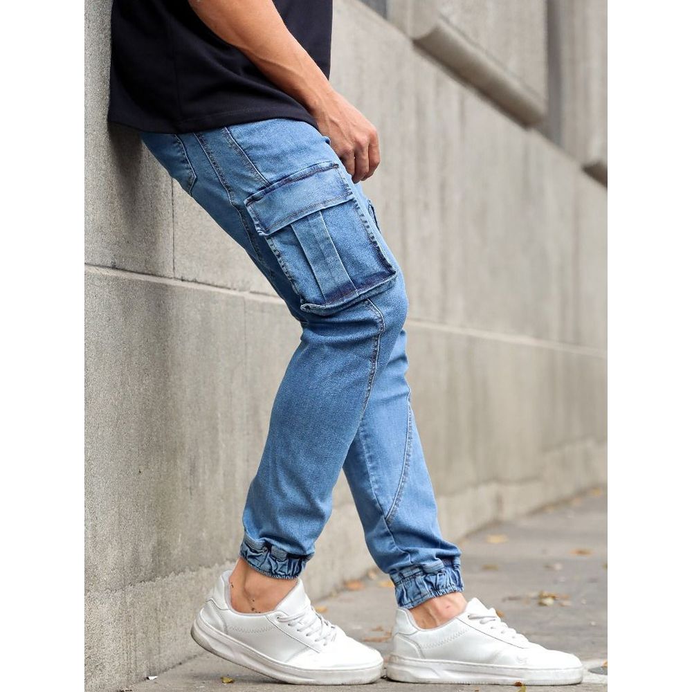 Calça Jeans Jogger Bolso Cargo Skinny Masculina Codi Jeans Azul