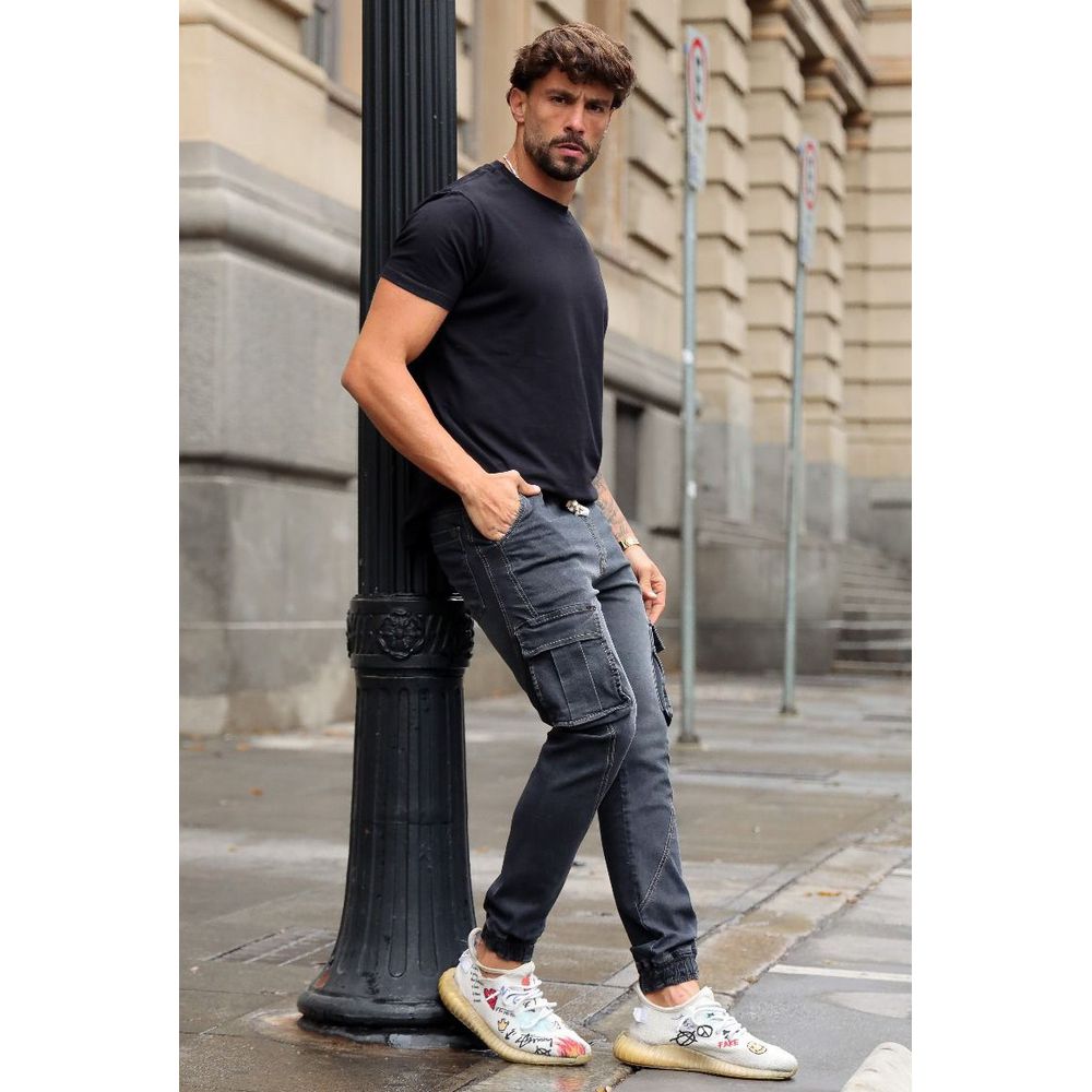 Calça Jeans Jogger Cargo Skinny Punho Elástico Codi Jeans Cinza