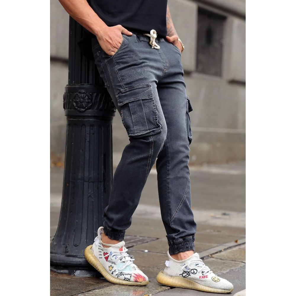 Calça Jeans Jogger Cargo Skinny Punho Elástico Codi Jeans Cinza