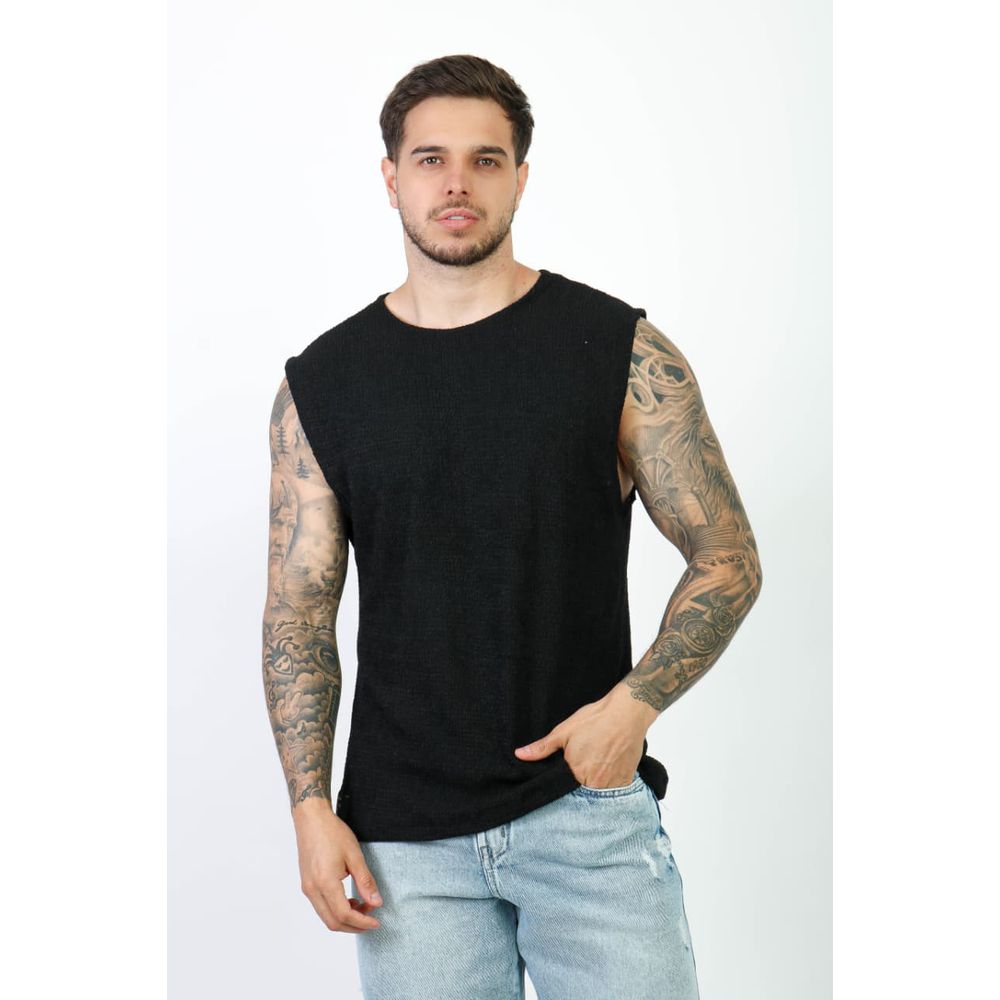Camiseta Regata Praia Malha Crochê Lã Texturizada Masculina Preto