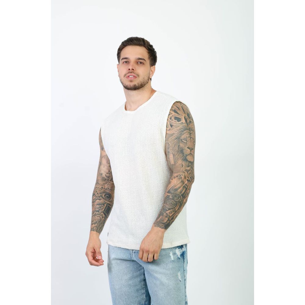 Camiseta Regata Praia Malha Crochê Lã Texturizada Masculina Off-White