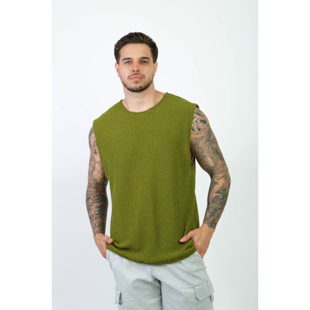 Camiseta Regata Praia Malha Crochê Lã Texturizada Masculina Verde