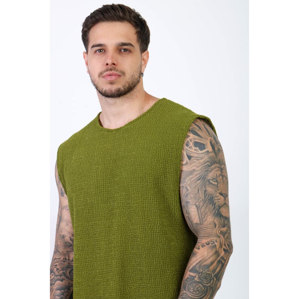 Camiseta Regata Praia Malha Crochê Lã Texturizada Masculina Verde