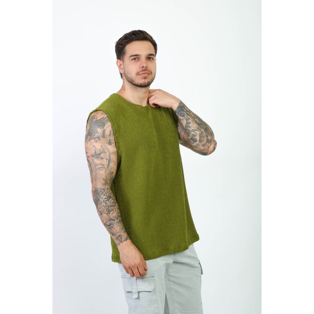 Camiseta Regata Praia Malha Crochê Lã Texturizada Masculina Verde