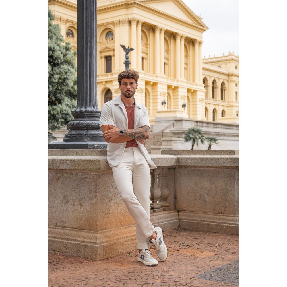 Calça Alfaiataria Linho Slim Fit Masculina Social Premium Bege