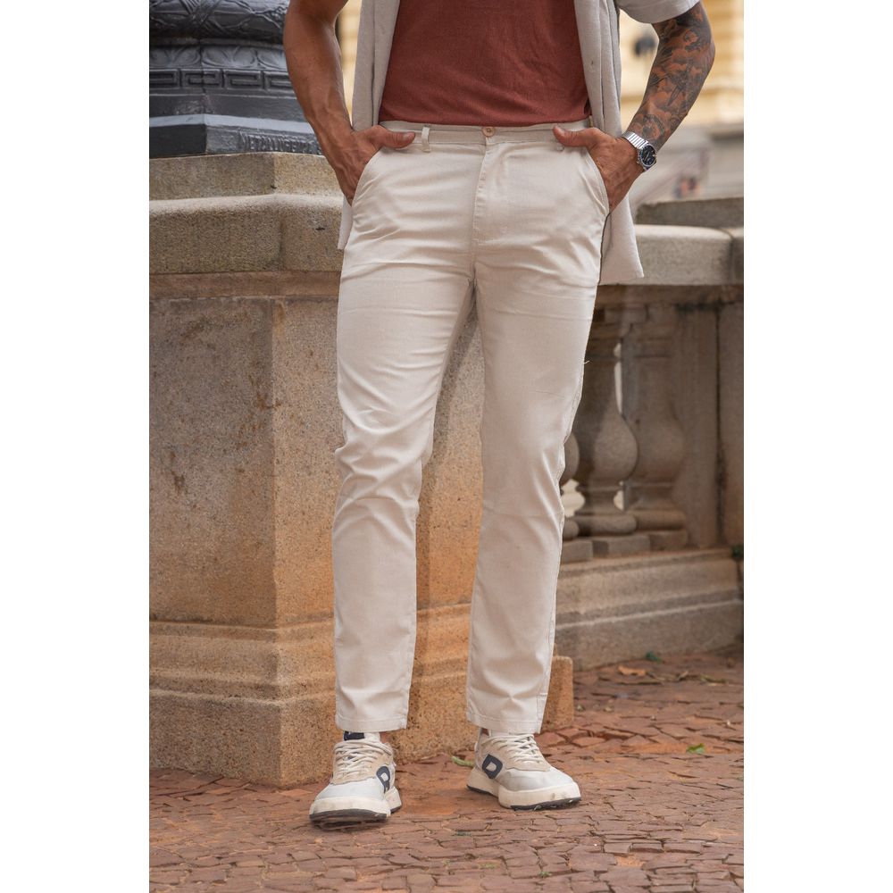 Calça Alfaiataria Linho Slim Fit Masculina Social Premium Bege
