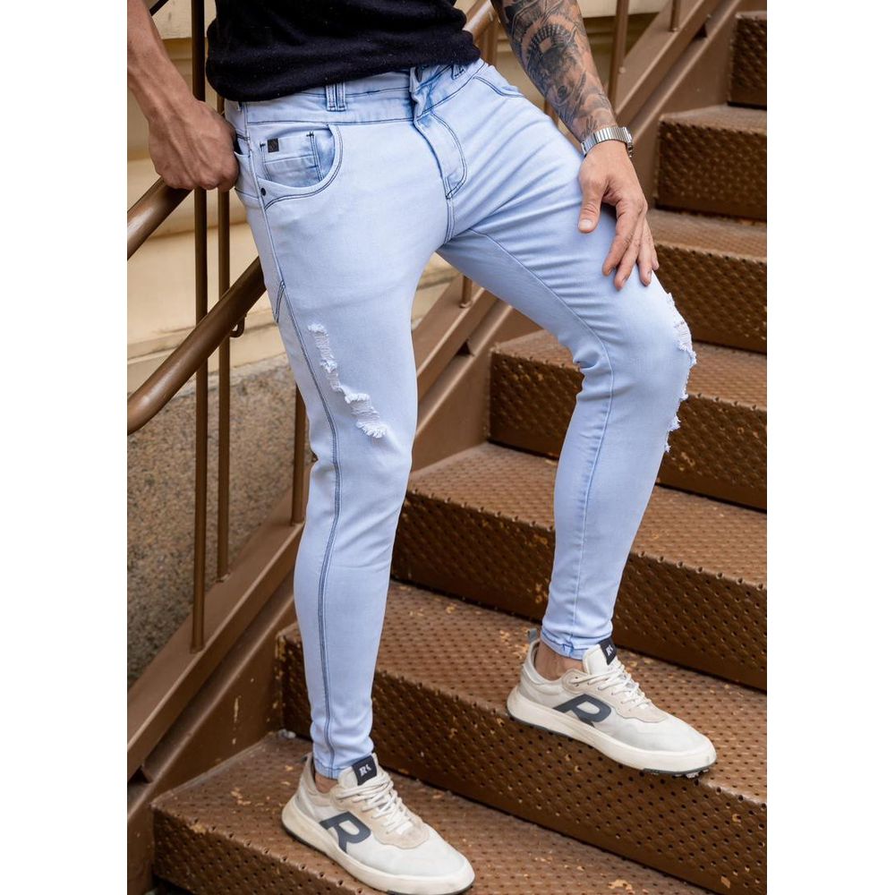 Calça Jeans Skinny Azul Clara Cós Duplo Streetwear Premium Azul