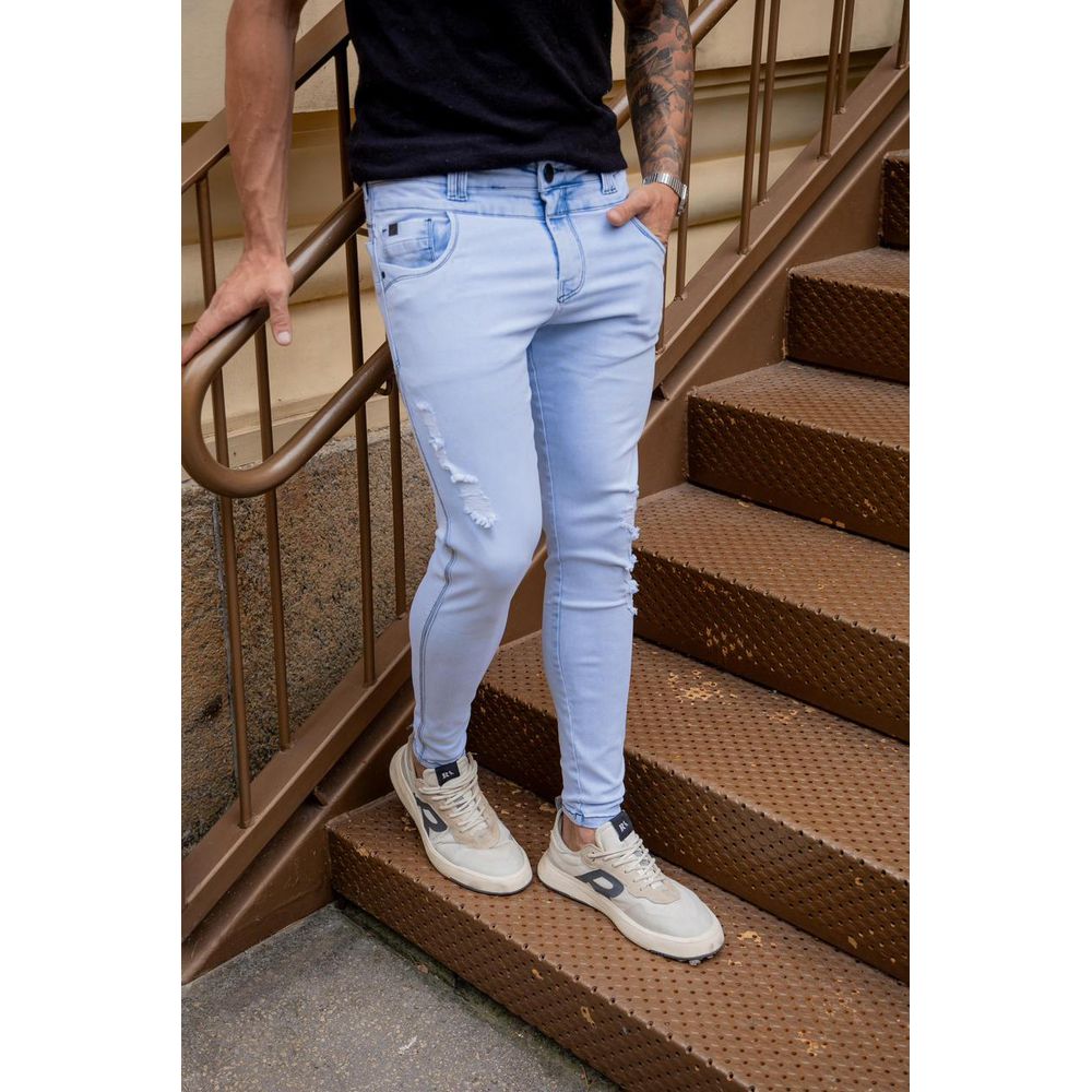 Calça Jeans Skinny Azul Clara Cós Duplo Streetwear Premium Azul