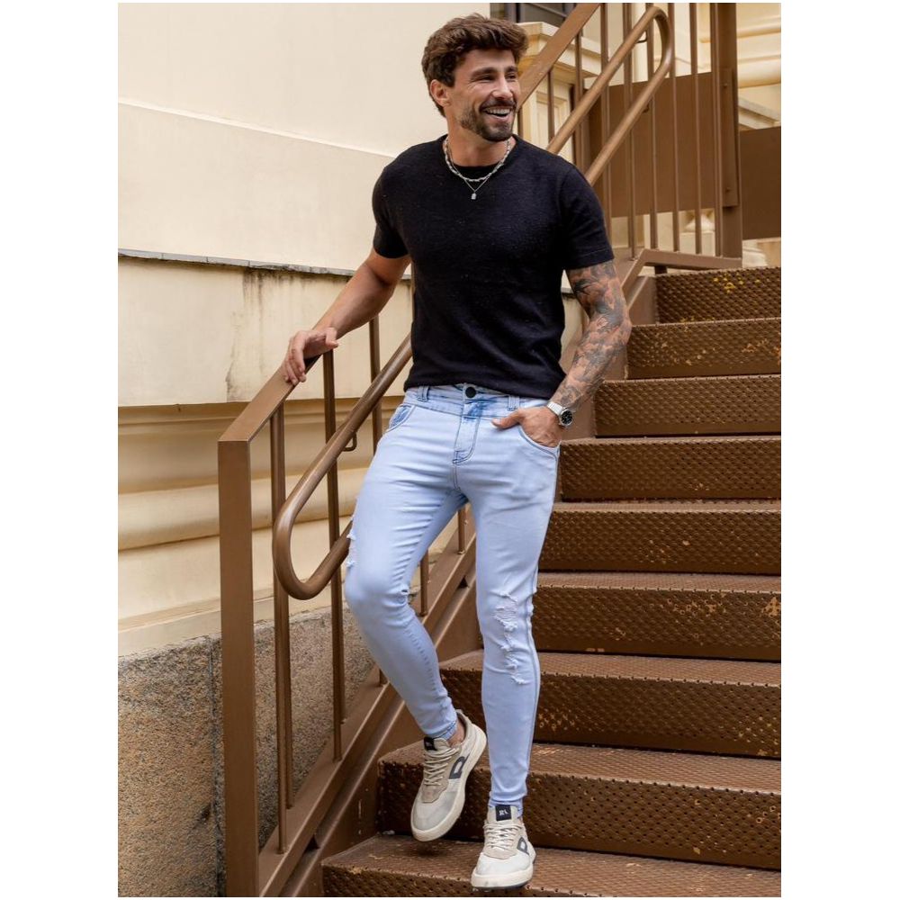Calça Jeans Skinny Azul Clara Cós Duplo Streetwear Premium Azul