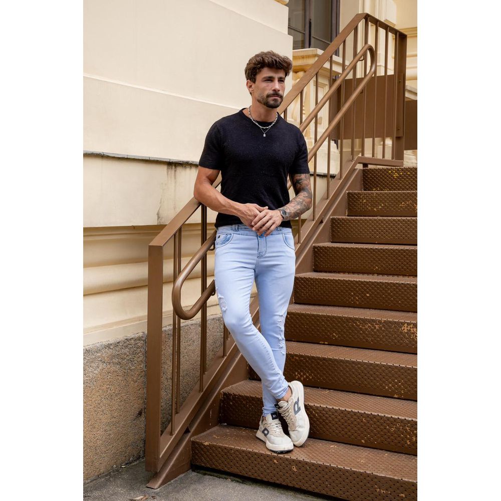 Calça Jeans Skinny Azul Clara Cós Duplo Streetwear Premium Azul
