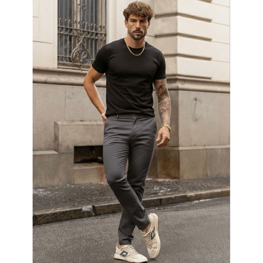 Calça Social Sarja Alfaiataria Cinza Masculina Slim Premium