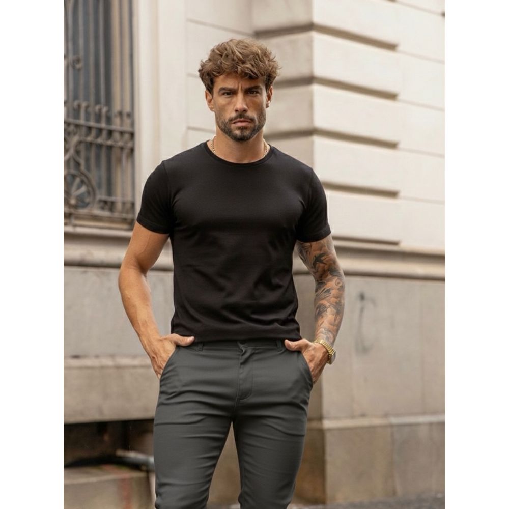 Calça Social Sarja Alfaiataria Cinza Masculina Slim Premium