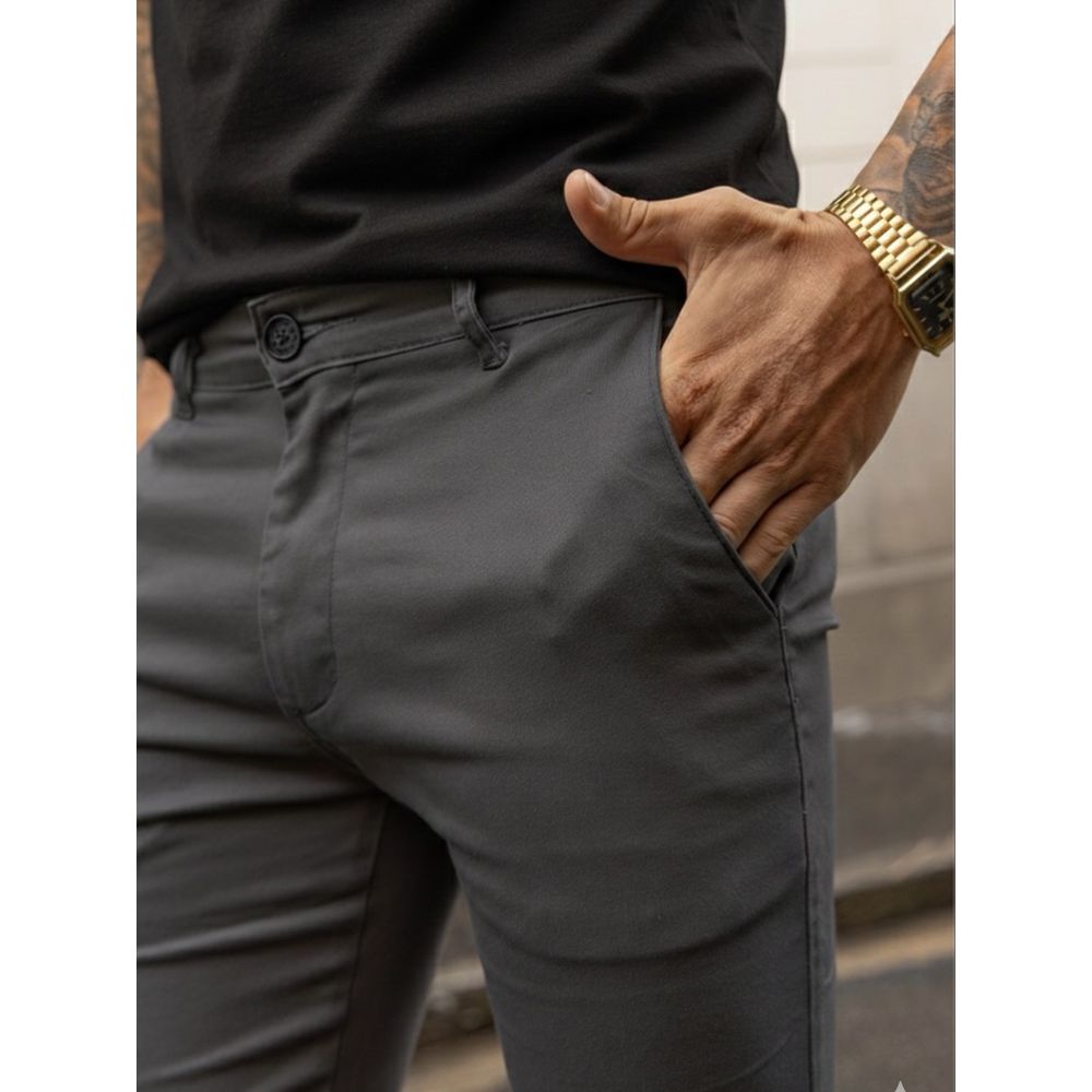 Calça Social Sarja Alfaiataria Cinza Masculina Slim Premium