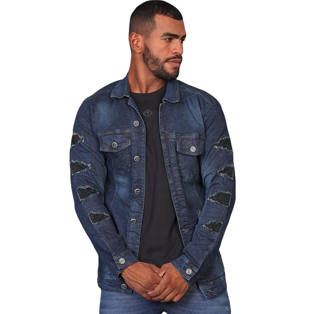 Jaqueta Destroyed Azul Escuro Detalhe Preto Rasgado Codi