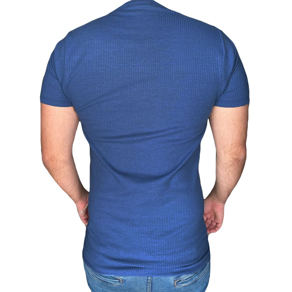 Camiseta Malha Canelada Slim Fit Manga Curta Masculina Azul