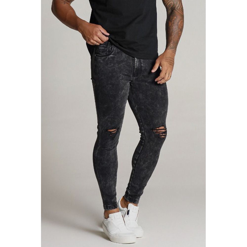 Calça Preta Marmorizada Skinny Rasgada Masculina Codi Jeans