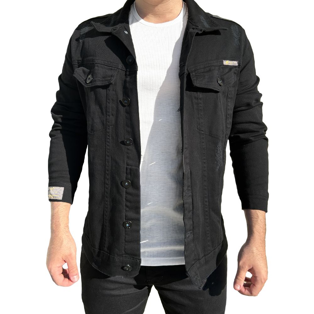 Jaqueta Jeans Preta Destroyed Detalhe Premium Masculina Slim