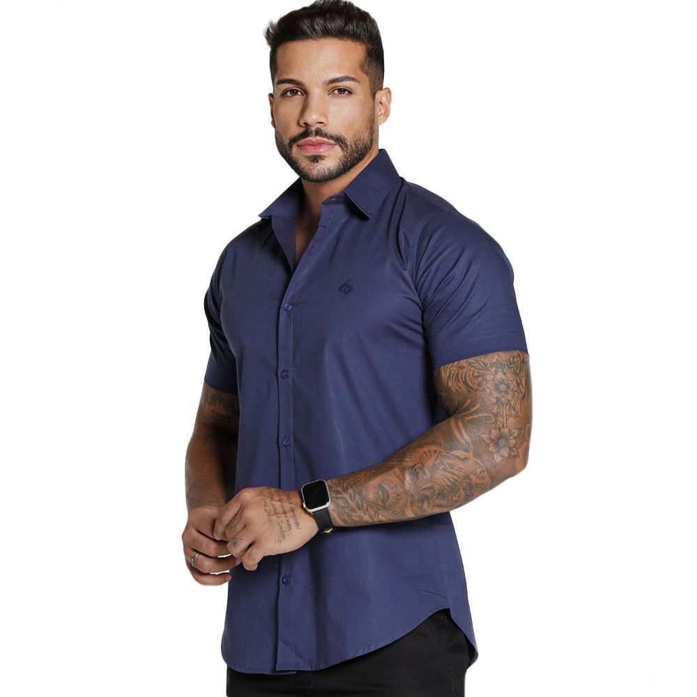 Camisa Social Manga Curta Codi Jeans Toque Acetinado - Azul