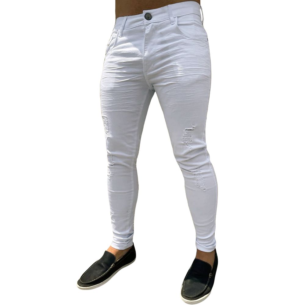 Calça Skinny Branca Destroyed Rasgada Masculina Premium