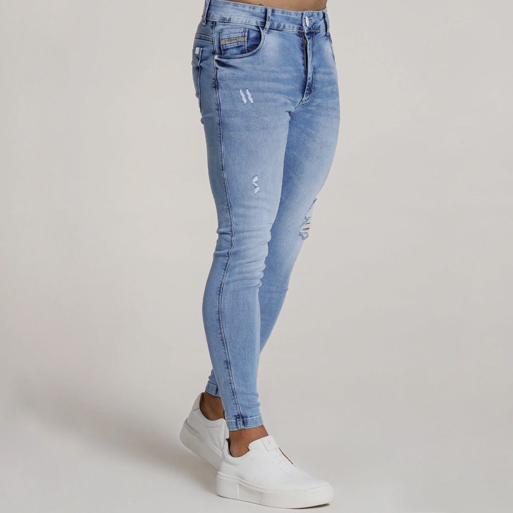 Calça Jeans Skinny Com Destroyed Rasgada Premium Sky Clean
