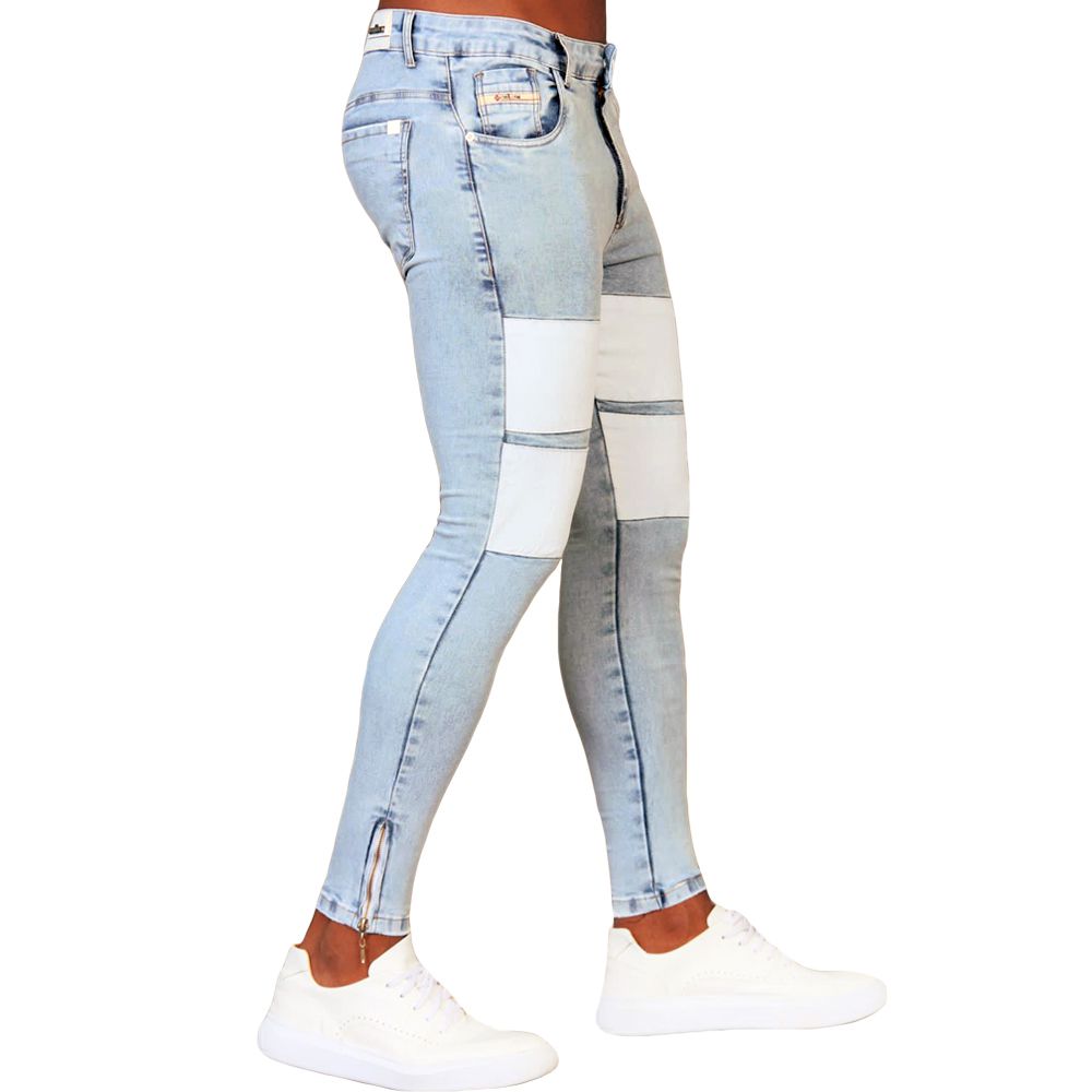 Calça Jeans Skinny Com Zíper Na Barra Detalhes Faixa Premium